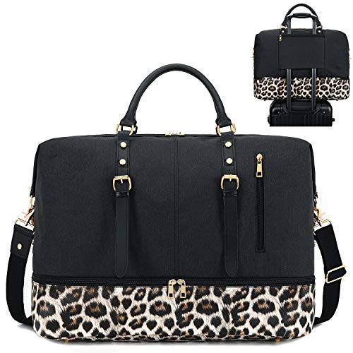 Canvas Overnight Bag Travel Duffel Genuine Leather for Men and Women Weekender Tote (Y-Black)