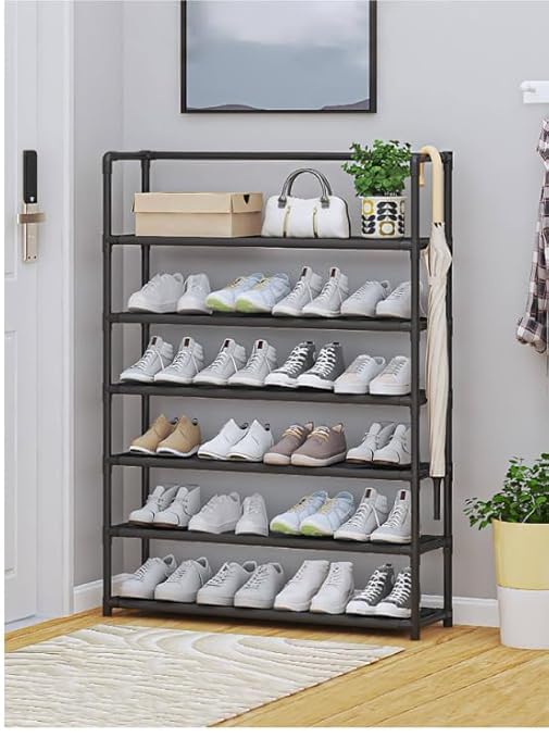 Image of TRADY 6 -Tier Shoe Rack,Stackable Wide Shoe Shelf for Shoe Storage,Sturdy Shoe Stand,Non-Woven Fabric Long Shoe Organizer for Closet,Shoe Holder for Entryway and Bedroom [ Black - White ]