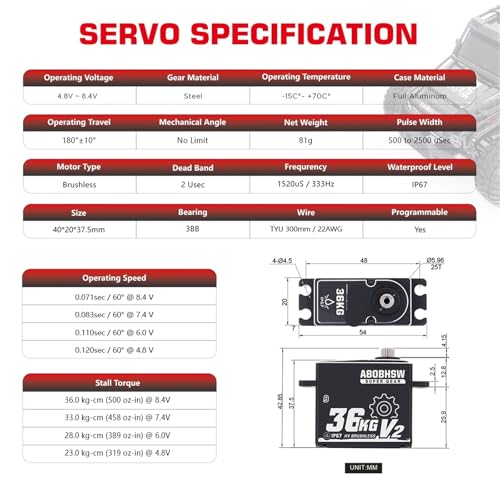 Servo sans brosse A80BHSW V2 haute precision 36KG couple programmable