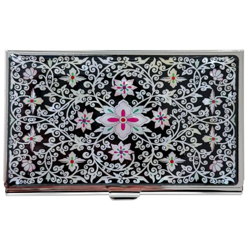 Image of Mother of Pearl Business Card Case Credit Id Name Holder Travel Wallet Art Painting Design Metal Stainless Steel Engraved Slim Purse Pocket Cash Money Wallet (New Arabesque)