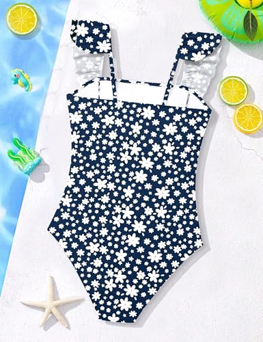 Image of NECIOUS Girls Swimsuit Ruffle Adjustable Straps One Piece Bathing Suit Solid Color Ruched Girls' Swimwear 9-16Y