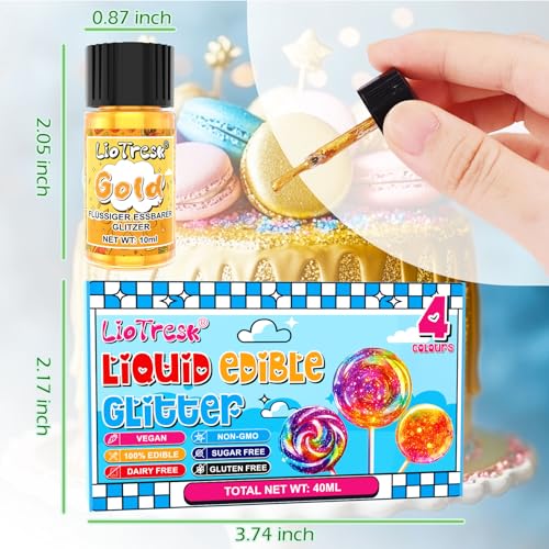 Essbarer Glitzer, 4 Farben Flüssiges Essbarer Glitzer für Getränke Lebensmittelfarben Set, Metallischer Glitzer Essbar für Kuchendekoration, Getränke, Zuckerguss, Cocktails, Erdbeeren - 10ml