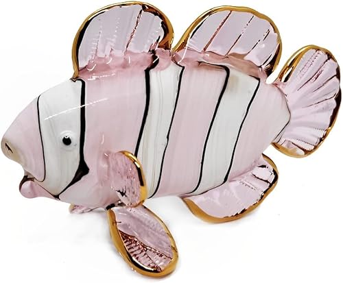 WitnyStore Pequeña figura de pez payaso rosa y blanco de 4 pulgadas, miniatura soplado a mano, animales de cristal soplado a mano, colorido pez
