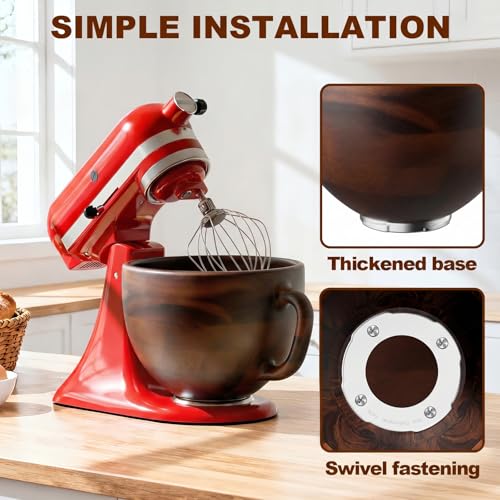 Image of Cofun Premium Wood Mixing Bowl, Compatible with 4.5-5 Qt Tilt-Head Stand Mixers, Natural True Wooden Bowls, 5 Qt Wooden Bowl for KitchenAid with Stainless Steel Locking Base, Handle