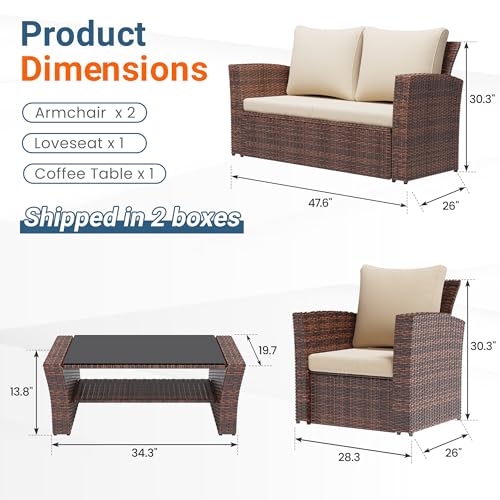 Image of Wisteria Lane 4 Piece Patio Furniture Set, Wicker Outdoor Patio Conversation Furniture Set, All Weather Outdoor Patio Sofa with Cushion and Wood Table, Brown and Beige