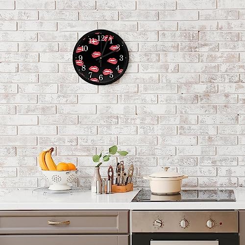 Horloge murale silencieuse cadeau original maison cuisine design lèvres rouges sur noir - 8