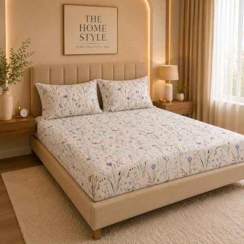 Image of THE HOME STYLE Super Soft Glace Cotton King Size Printed Pillow Covers ll Pillow Cases ll Set of 2 Piece- 18 inchx 28 inch Inches (Ivory Wildflower)