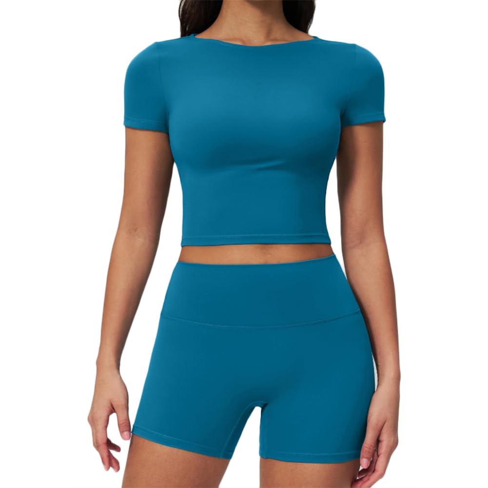 XYFfybhsd Women Yoga Outfits 2 Piece Set Workout Gym Shorts Short Sleeve Crop Top Sets Activewear(Size:L,Color:Blue)