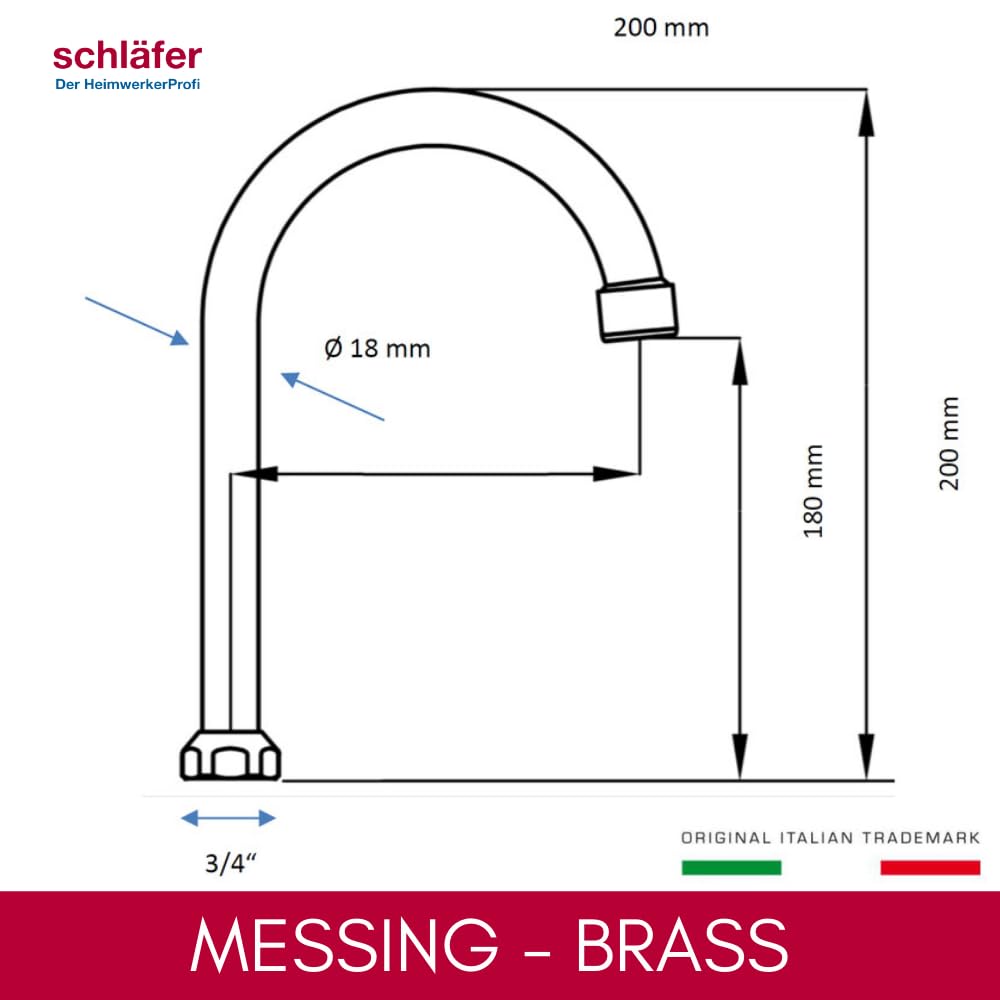 Schläfer 67081-C | Canna di Ricambio Rubinetto Cucina, Girevole a U, Ghiera 3/4" (Ø 24,9mm) x 20cm, Compatibile con Aeratore NEOPERL Anticalcare Risparmio Acqua M22 (incluso)
