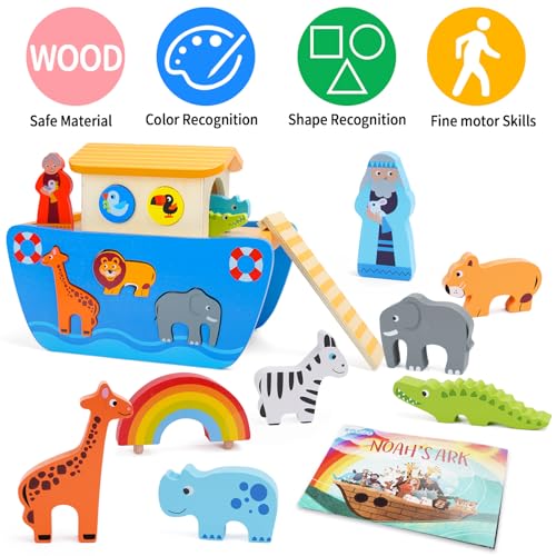 Toddlers Wooden Noah's Ark Toy Animal Playset, Baptism Gifts for 2 3 Boys Girls, Shape Sorter Early Learning Montessori Toys with Bible Story Book for 24 Months Babies - Image 3