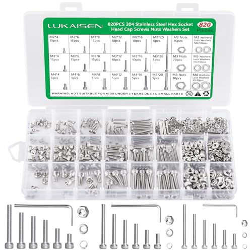820 Stk M2 M3 M4 Schrauben Muttern Sortiment Set, Sechskopf-Knopf Zylinderschrauben mit Innensechskant Gewindeschrauben mit Muttern, Sechskantschrauben, Edelstahl Maschinenschrauben