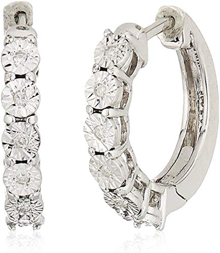 Rhodium-Plated .925 Sterling Silver 1/20 Cttw 4-prong setting Diamond-Accent Diamond Cut Huggie Petite 5/8