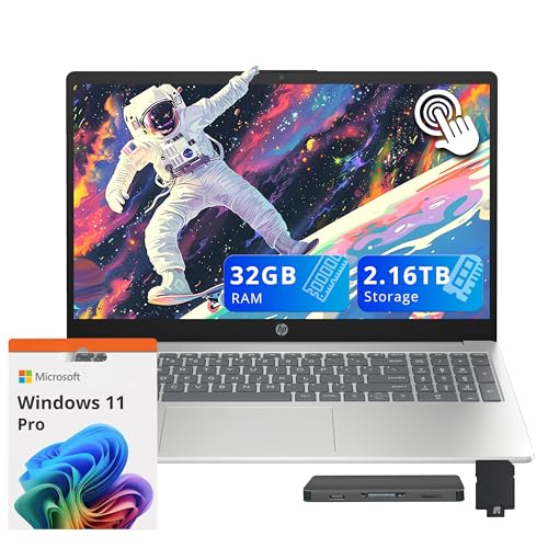 HP 15.6インチHDタッチスクリーンノートパソコン、Intel i3-1315U、32GB RAM、2.16TBストレージ(2TB SSD + 160GBドッキングステーションセット)、Intel UHDグラフィックス、ナンバーパッド、ウェブカメラ、W