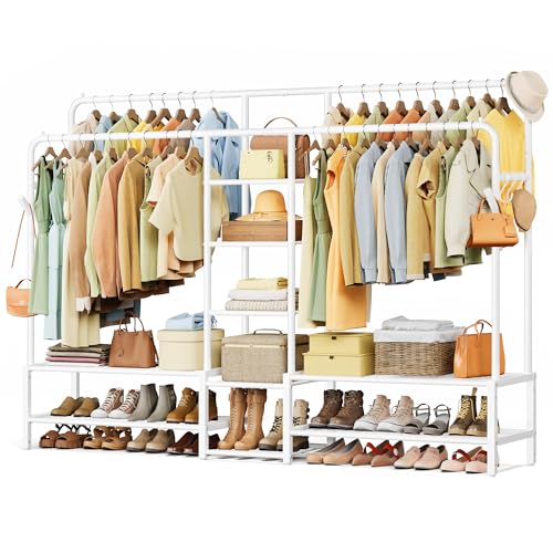 SONGMICS Stand Appendiabiti, Guardaroba Aperto, 9 Ripiani Portaoggetti, Struttura in Metallo, Barre Appendiabiti, Camera da Letto, Soggiorno, Ingresso, Bianco HSR183WG01