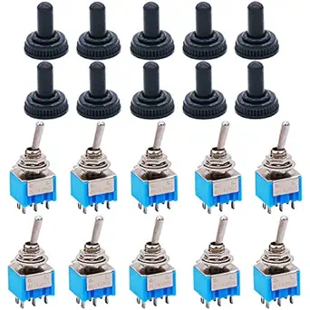 TWTADE / 10 Pcs MTS-202 AC 125V 6A Amps ON/ON 6 Terminals 2 Position DPDT Toggle Switch + 10pcs Waterproof Cap
