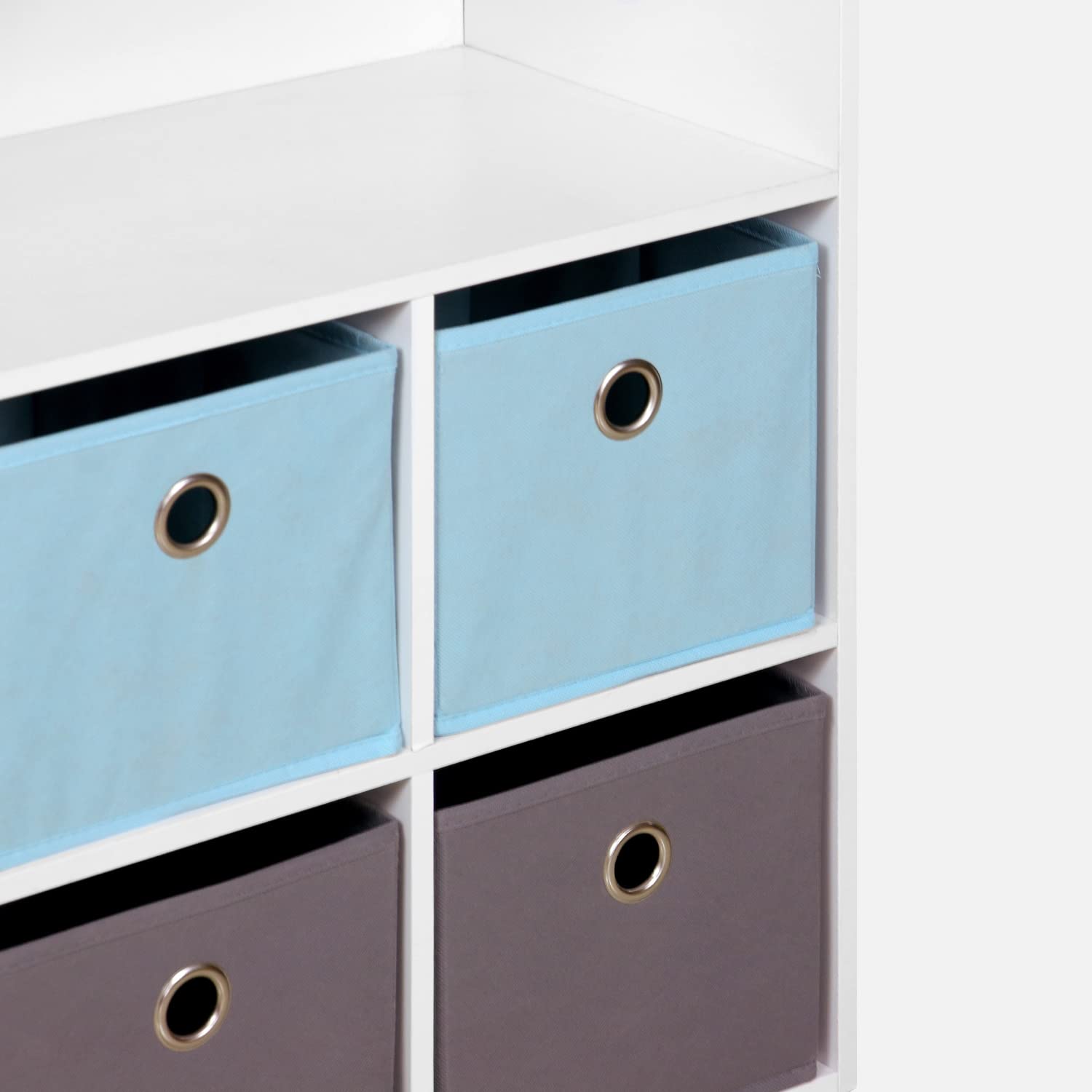 Alice's Home sweeek - Mueble con almacenaje para niño, Blanco - Camilo - con 7 Compartimentos y 6 cestas Grises y Azules
