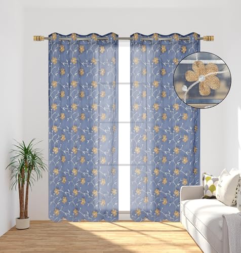 Image of Homefab India Embroidery Floral Net Transparent Sheer Curtain - 5X4 Feet, Window Curtains, Navy Blue, Pack of 1 Pc