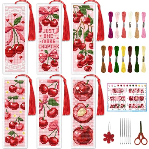 INFUNLY Kit de 6 marcapáginas de punto de cruz de cerezo rosa para adultos de 8.5 x 3 pulgadas, kit de marcapáginas de bordado con lazo, kit de punto de cruz con instrucciones para amantes de los