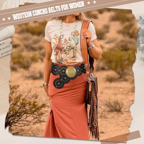 Image of XZQTIVE Western PU Leather Belts for Woman Concho Cowgirl Cowboy Disc Belt for Ladies Wide Boho Country Waist Belts for Dress