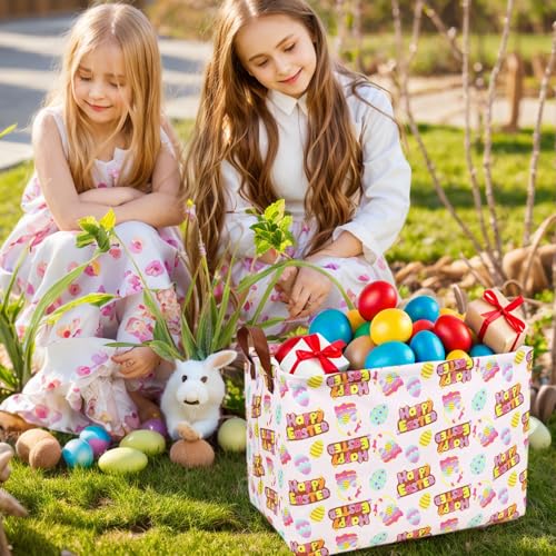 Image of Large Empty Easter Basket for Kid Baby Rectangular Cute Easter Gift Bunny Eggs Decor Storage Basket (Pink Happy Egg)