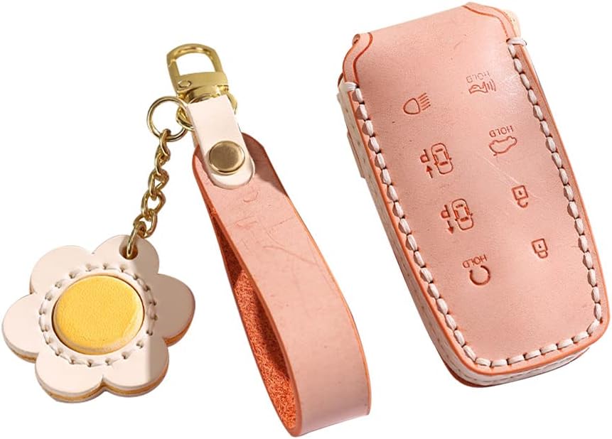 HIBEYO Leather Car Key Fob Cover for Hyundai Genesis GV80 G80 2021 2022 Smart Key Case Shell with Keychains Car Accessories for Genesis 8 Buttons Key-Orange