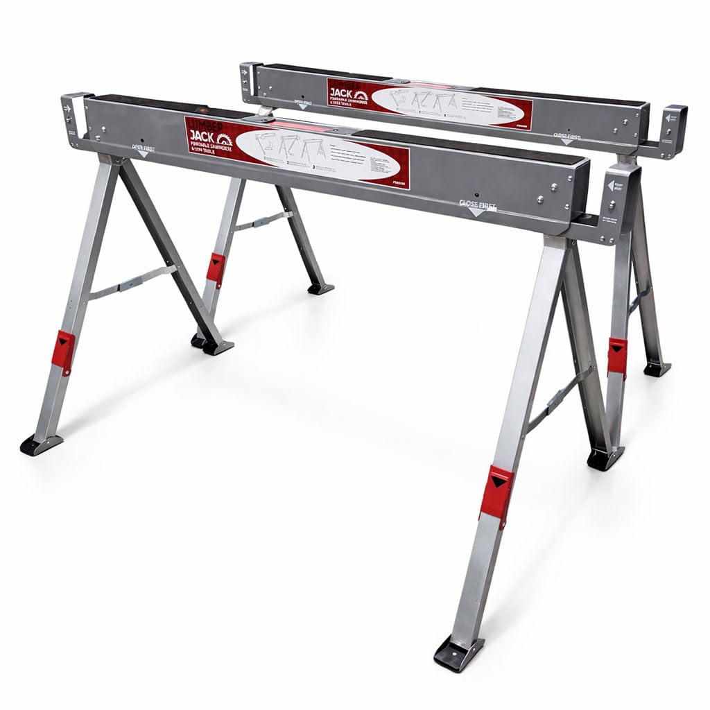 Lumberjack Steel Folding Saw Horse Heavy Duty Trestle Twin Pack | Heavy duty twin saw horses support up to 1180kg combined, with folding legs, non-slip tops and 2x4 timber support slots.