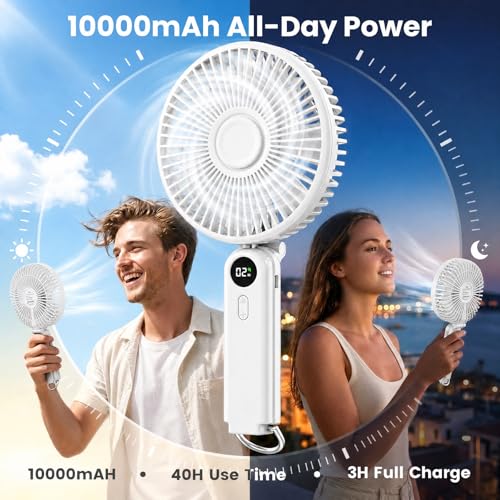 Image of Portable Handheld Fan, 10000mAh Rechargeable Personal Fan for 40H, 6-Inch Ultra Quiet Foldable Hand Fan, 5-Speed Gentle Airflow Battery Operated Fans for Travel Outdoor Lash Makeup Gifts for Women