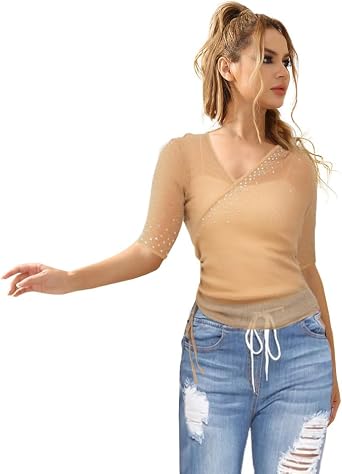 ROYAL SMEELA Womens Glitter Tops Twist Short Sleeve Tops See Through Mesh Sheer Sexy T Shirt