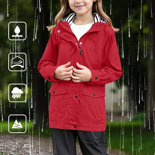 Girls Rain Jacket Waterproof Raincoat Cotton Lined Lightweight Hooded Windbreaker Anorak Jacket for Hiking Camping 5-14Years2
