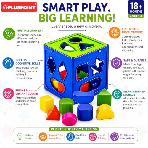Image of PLUSPOINT Shape Sorter Toy for Kids 1-3 Years | Montessori Educational Learning Toy | 18 Colorful Shape Blocks & Sorting Cube | Shape & Color Recognition | Gift for Boys & Girls