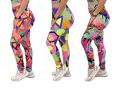 Kit 3 Calças Leg Feminina Estampada Roupa De Academia/treino Cós Alto Fitness (GG 46)