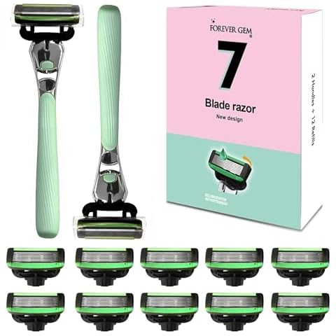 Razors for Women — 7 Blade Women's Razors for Sensitive Skin - Shaving Kit Includes 2 Rubber Handles & 14 Lubricating Strip Cartridges - Pubic Hair Razor for Women & Girls with 14 Blade Refills Cover