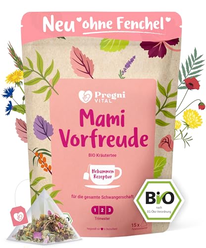 PregniVITAL Mami Vorfreude – BIO Schwangerschaftstee 1. 2. 3. Trimester – Hebammen-Kräuter für die gesamte Schwangerschaft – auch perfekt als Schwangerschafts-Geschenk – 15 Teebeutel