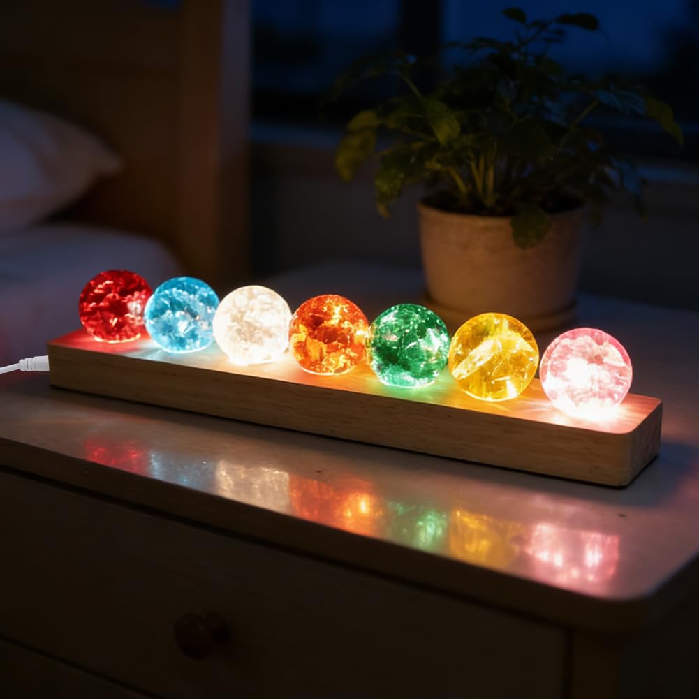 Set di 7 Sfere di Cristallo con Supporto in Legno LED, Sfere di Cristallo 3D Incandescenti, Decorazione Casa per Soggiorno Camera da Letto, Meditazione Chakra Ornamento