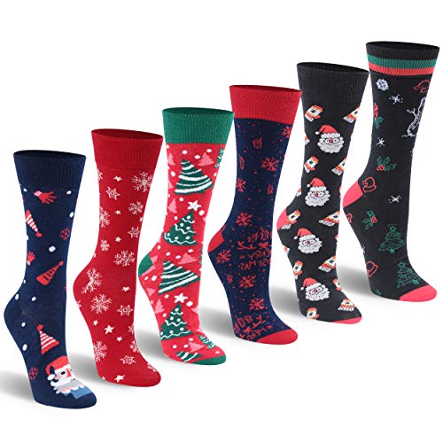 Bun Large Unisex Christmas Socks, Warm Cotton Crew Socks Holiday Socks Novelty Christmas Gift Socks Soft Cozy Socks for Fall Winter Athletic Running Socks Crew Long Socks, 6 Pairs, Pattern 5
