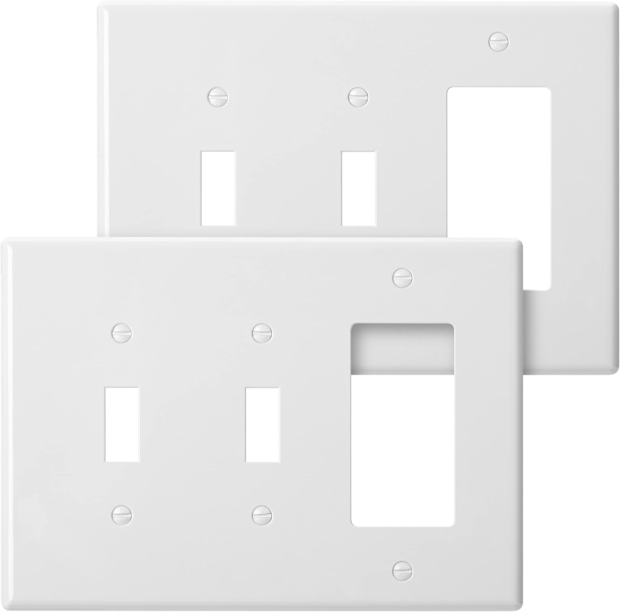 Bates Combination Wall Plate, 2 Pack, Double Toggle/Single Decorator, White Light Switch Cover, Outlet Cover, Double Switch Covers