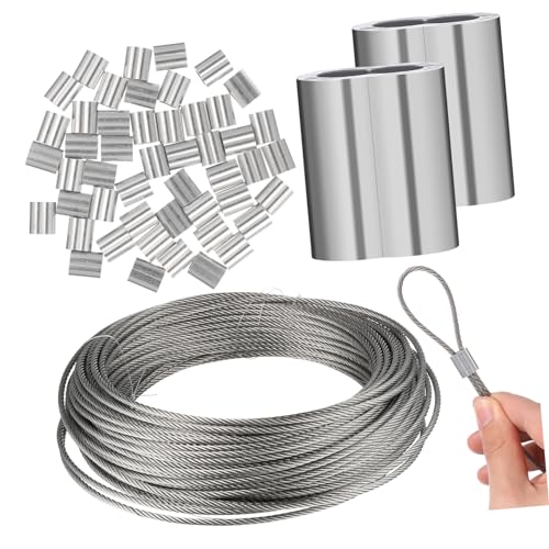 PRETYZOOM 1Roll Stainless Steel Wire Rope with Crimps Steel Wire for Plants Crafts and Projects Stainless Steel Construction