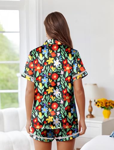 Image of Ekouaer Womens Silk Pajama Sets Button Up Satin Pjs Short Sleeve 2 Piece Pj Sets Cute Lounge Sets with Chest Pocket