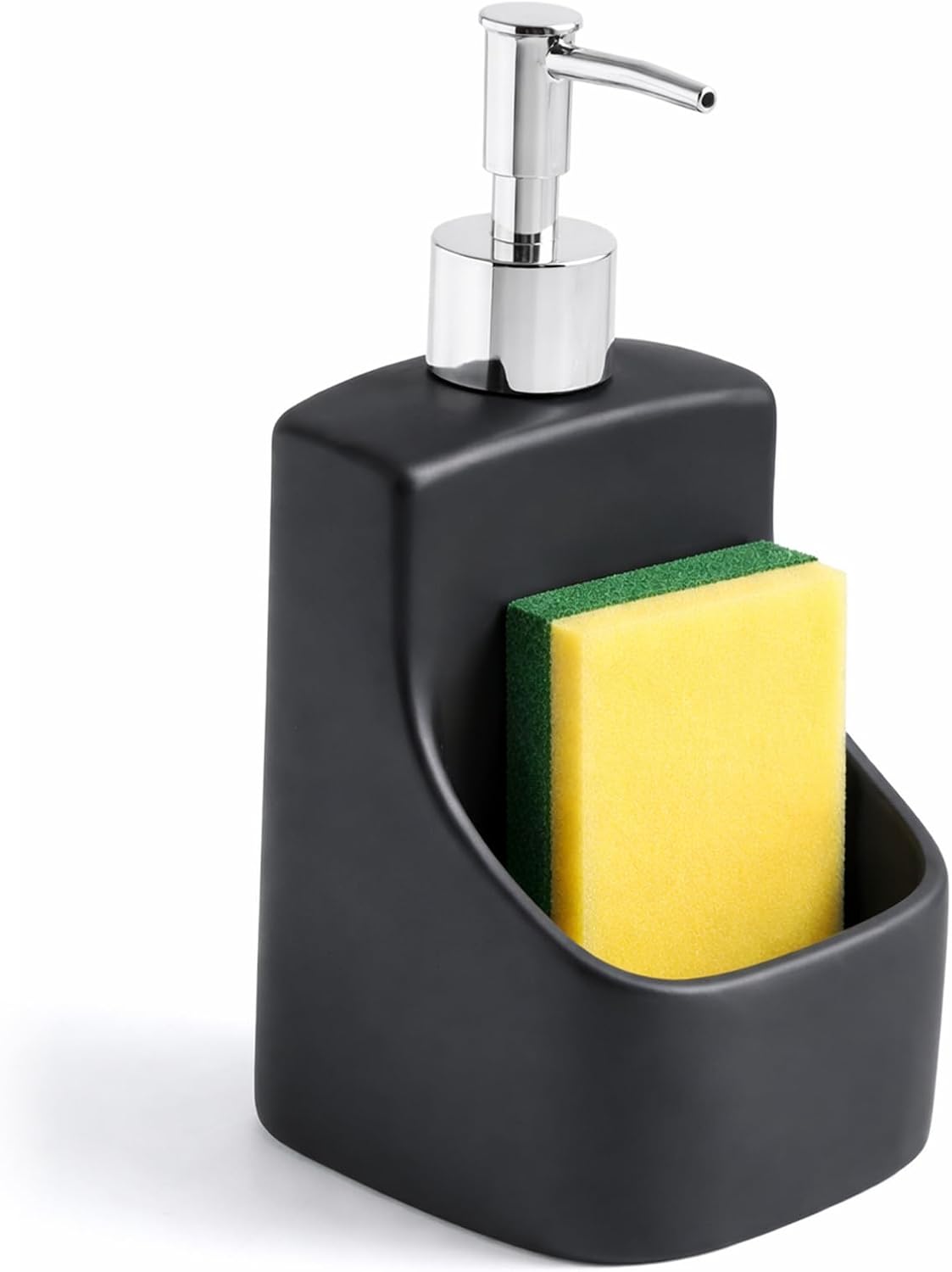 2 in 1 Soap Dispenser with Sponge Holder, Ceramic Kitchen Soap Dispenser with Built-in Organizer, Countertop Sink Caddy for Dish Soap or Hand Soap, Bathroom Kitchen Storage (Black)