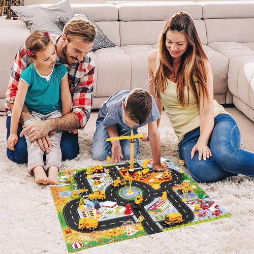 deAO Die Cast Construction Toy Trucks Set with Play Mat, 8 Construction Vehicles with Road Signs Crane, Bulldozers Excavator Cement Dump Digger Toys, Toddler Boys Toys for Kids Age 3 4 5 6 Birthday - Thumbnail 7