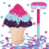 Whaline Ice Cream Piñata Ice Cream Cone Shaped Piñata with Stick Blindfold Confetti Pink Blue Purple Ice Cream Pinata for Kids Girls Summer Candy Theme Birthday Baby Shower Beach Party Supplies