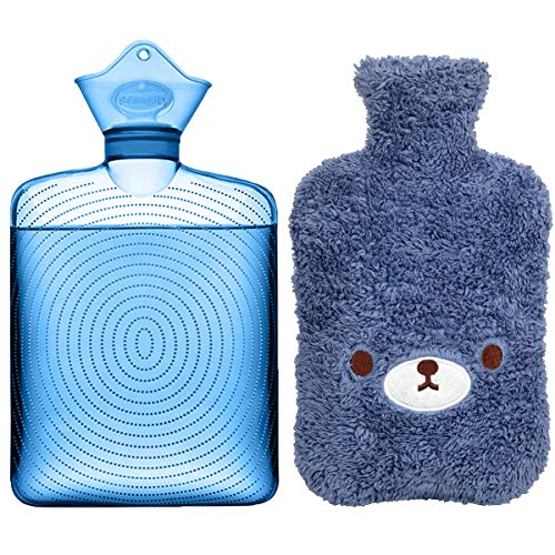 Samply Transparent Hot Water Bottle- 2 Liter Water Bag with Cute Fleece Cover, Bear Blue