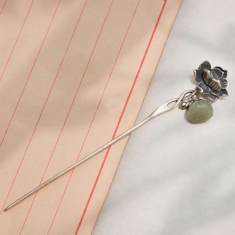 Miniatura 3 de Rabithenn S925 - Horquilla de flor de loto de plata estilo Hanfu chino, pinzas para el cabello retro hechas a mano, accesorios para el cabello para