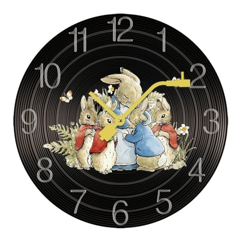 掛け時計 木製レコード ピーター ラビット ウォールクロック かけ時計 置き時計 インテリア おしゃれ 電池式 飾り 木製 連続秒針 北欧 無音 壁掛け 個性的 大数字 音楽愛好家 直径30cm ギフト