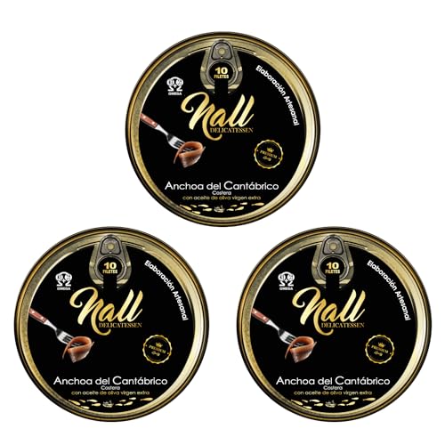 NALL DELICATESSEN Pack 3 Latas Anchoas del Cantábrico XL 00 | Elaboración Artesanal con Aceite de Oliva Virgen Extra | 10 Filetes Anchoa/Lata