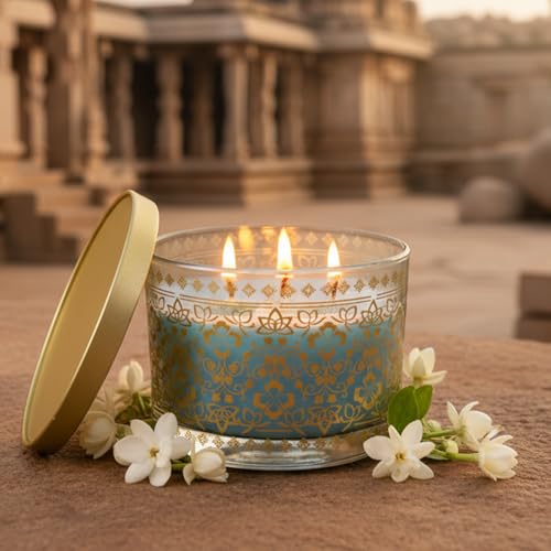 Image of EKAM 2025-26 Festive Fragrance Gift| Scented 3 Wick Candle| Mogra | Inspired by Stone Palace | 28-Hour Burn | Essential Oil Infused | Gift Box for Festive Celebrations, Weddings, Giveaways, etc.