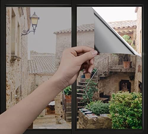 Sun Blocking Privacy Window Film Anti Peeping Anti UV One Way Reflective Heat Insulation Adhesive Free Static Film for Home Office17.7 Inch*6.5 Feet(45cm*2m) Silver Black