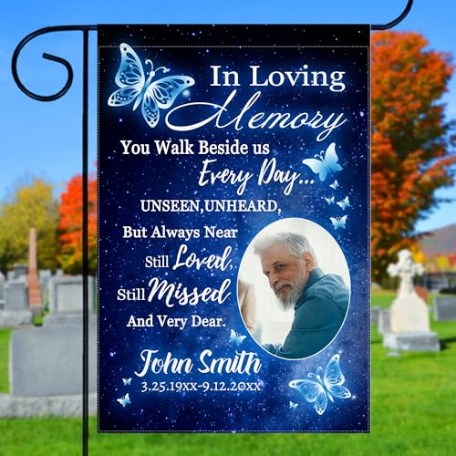 Specizoom Custom Double Sides Memorial Flag with Photo Personalized Garden Flag in Loving Memory for Outdoor Yard Cemetery Decorations Grave 12x18 inch