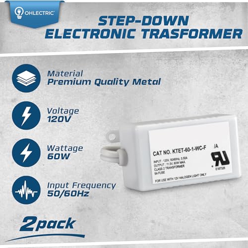 Image of OHLECTRIC Pack of 2 - Replacement for KTET-60-1-WC-F Step-Down Electronic Transformer - High-Performance 12V Halogen Transformer, Parallel lamp Connection - Use for Track Lighting & Recessed Lighting