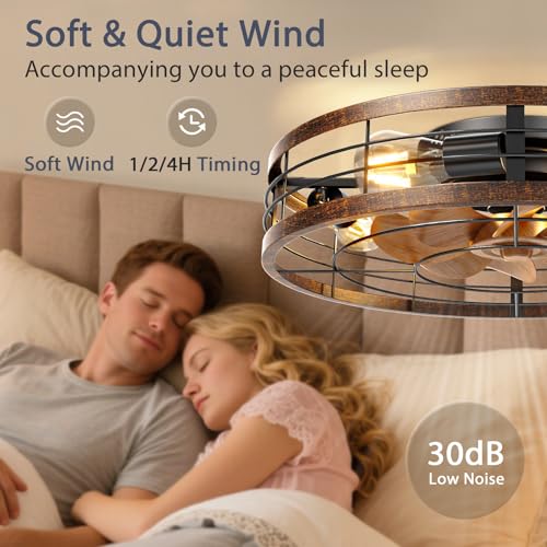Image of VOLISUN Farmhouse Caged Ceiling Fans with Lights Flush Mount, 23.6'' Rustic Low Profile Ceiling Fan with Light and Remote, Bladeless Fandelier Ceiling Fans with Lights for Kitchen, Bedroom-Gold